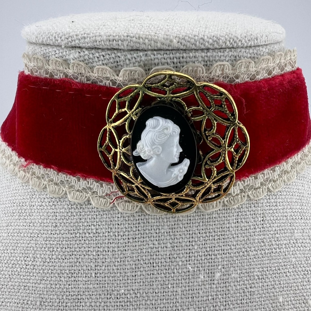 Vintage Red Velvet Lace Cameo Choker Necklace Victorian Revival